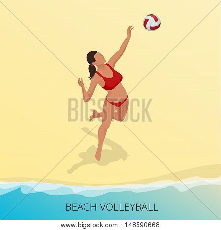 Isometric Volleyball player on a beach jumping hits the ball. Fitness or training concept. Sporting Championship International Beach Volley Match Competition