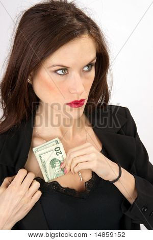 Business Woman Stuffs Cash Money Bills into her Bra