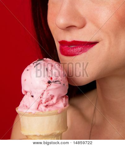 Female Lips Eating Strawberry Ice Cream Cone Red Lipstick