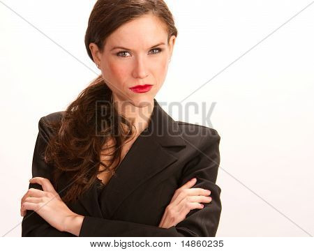 Focused Business Woman Looks Serious Business Suit Against White Background
