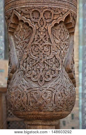 Detail of traditonal carved wooden column, Uzbekistan