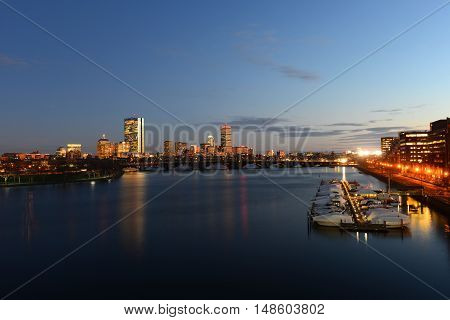 Boston Back Bay Skyline John Hancock Tower and Prudential Center night scenes, viewed from Cambridge, Boston, Massachusetts, USA