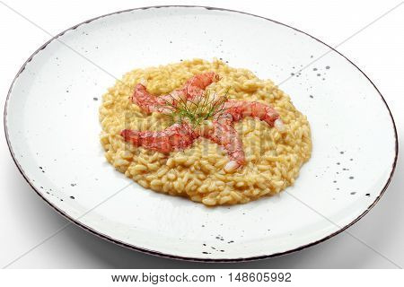 Fish Dish Raw red prawns on risotto Carnaroli
