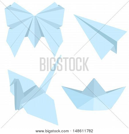 Vector Set Of Blue Origami Objects: Plane, Boat, Butterfly, Crane.