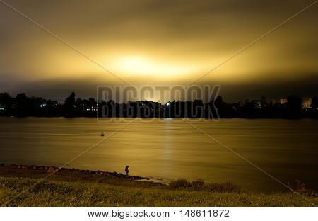 View of Neva River at night in St.Petersburg Russia.