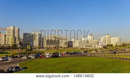 BELGOROD RUSSIA - SEPTEMBER 10 2016: General view of the buildings of Belgorod State University. International University. The campus (main building abservotory dormitories).