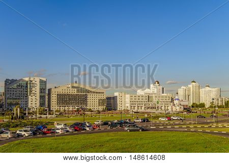 BELGOROD RUSSIA - SEPTEMBER 10 2016: General view of the buildings of Belgorod State University. International University. The campus (main building abservotory dormitories).