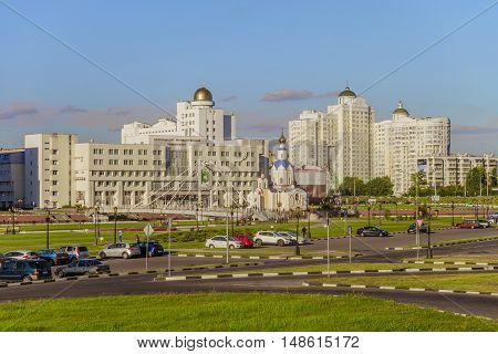BELGOROD, RUSSIA - SEPTEMBER 10, 2016: General view of the residential complex, temple of Archangel Gabriel, promenade, main building and observatory of the International of the Belgorod State University. Campus.