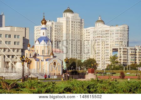 BELGOROD RUSSIA - SEPTEMBER 10 2016: General view of the residential complex temple of Archangel Gabriel promenade main building and observatory of the International of the Belgorod State University. Campus.