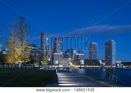 Pre-dawn view of Rowes Wharf from Harborwalk in South Boston