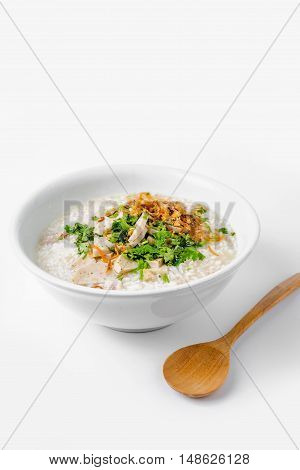 'khao Tom Moo' Thai Breakfast, Rice Congee Mixed With Meat On White Backgroud
