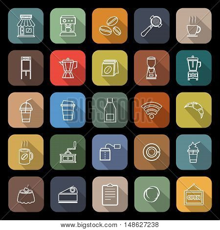 Coffee shop line flat icons with long shadow, stock vector