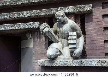 RUSSIA KALININGRAD - APRIL 29 2016: Sculpture of Engineer created in 1925 Hermann Brachert at the Haus der Technik. Buildung was an exhibition hall in Konigsberg Germany now Kaliningrad Russia.
