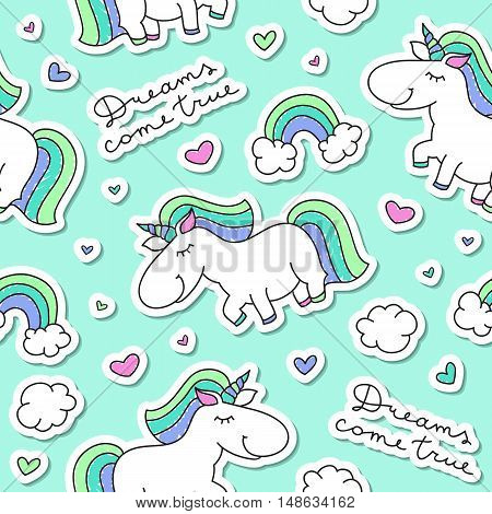 vector seamless pattern with unicorns, rainbows, clouds and hearts, dreams come true lettering