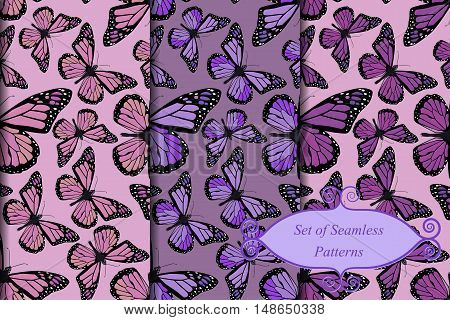 Vector set of three seamless butterfly patterns.