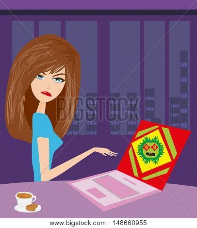 Sad girl and her Computer virus attacking laptop , vector illustration