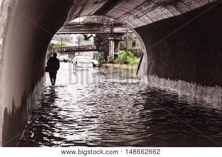 Odessa, Ukraine - September 20, 2016: Driving Cars On A Flooded Road During Flooding Caused By Torre