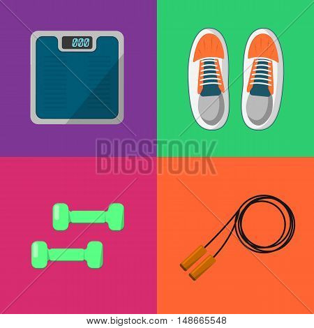 Vector illustration of gym sports equipment icons set. Skipping rope, sports shoes, dumbbells and weigher on color background. Healthy lifestyle. Athletic equipment. Different tools for sport.