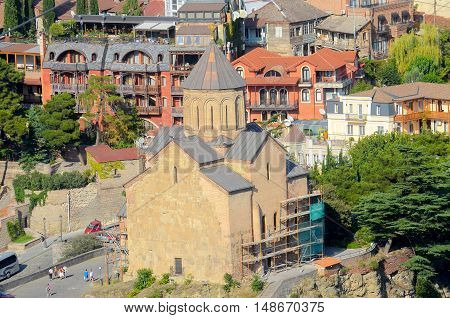 aerial view of ancient Orthodox church Metekhi, Tbilisi Georgia