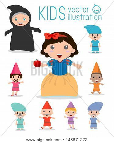 snow white and the seven dwarfs, Snow White, Princess and Dwarfs and witch, Vector Illustration.