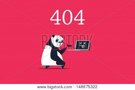 Error 404 page. Sad panda pointing on dead computer. Error page design template.