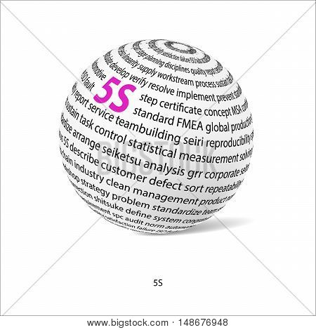 Five S word ball. White ball with main title 5S and filled by other words related with 5S method. Vector illustration