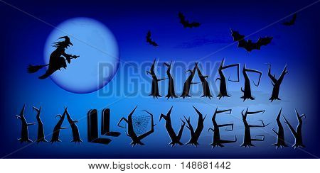 Vector blue halloween poster with witch and bats on moon background.