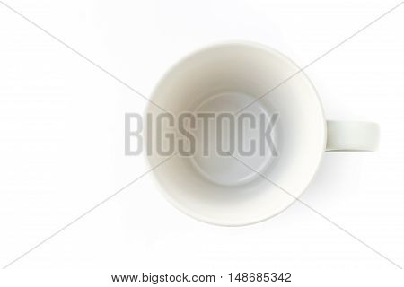 Top view white ceramics mug for coffee mug on white background