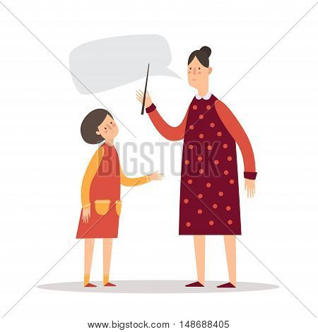 The teacher and student. A little girl listens to the teacher.