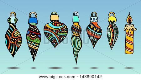 Colored Christmas toys set. New Year, doodling. Retro Vintage Merry Christmas Background, Hand Drawn, Vector illustration