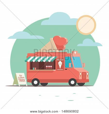 Colorful and Playful Ice Cream Truck with Ice Cream, cone on top.
