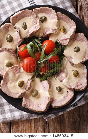 Vitello Tonnato With Capers Close-up. Vertical Top View