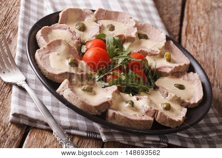 Italian Vitello Tonnato With Tuna Sauce And Capers Close-up. Horizontal