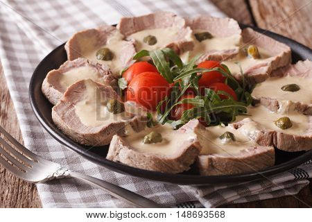 Italian Beef Vitello Tonnato With Tuna Sauce Close-up. Horizontal
