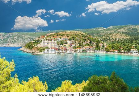 Assos on the Island of Kefalonia in Greece. View of beautiful bay of Assos village, Kefalonia island, Greece