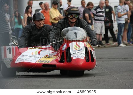 BELGRADE,SERBIA - SEPTEMBER 10, 2016: Oldtimer sidecar motorcycle at the commercial race of old cars in memory of formula 1 race held on the same place in 1939 two days after the beginning of Second World War when the famous Italian driver Tazio Nuvolari 
