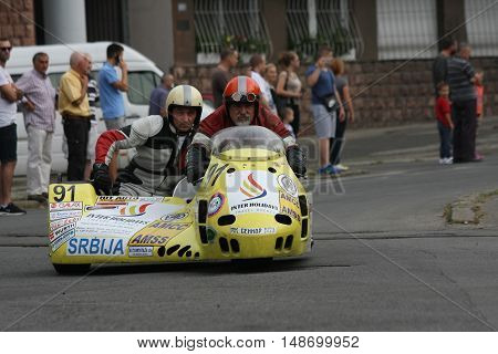 BELGRADE,SERBIA - SEPTEMBER 10, 2016: Oldtimer sidecar motorcycle at the commercial race of old cars in memory of formula 1 race held on the same place in 1939 two days after the beginning of Second World War when the famous Italian driver Tazio Nuvolari 
