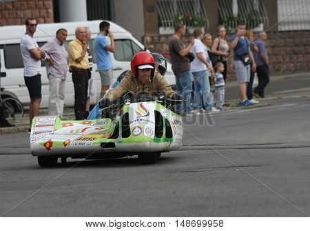 BELGRADE,SERBIA - SEPTEMBER 10 ,2016: Oldtimer sidecar motorcycle at the commercial race of old cars in memory of formula 1 race held on the same place in 1939 two days after the beginning of Second World War when the famous Italian driver Tazio Nuvolari 