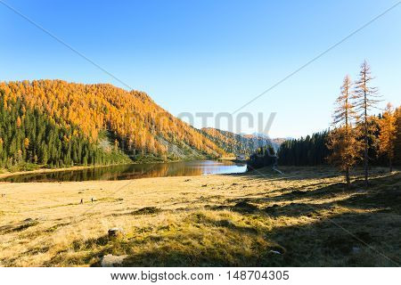 Reflections On Water, Autumn Panorama From Mountain Lake