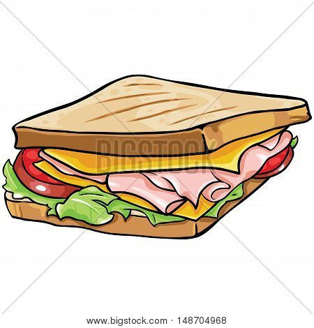 Vector Cartoon Sandwich With Ham And Vegetables