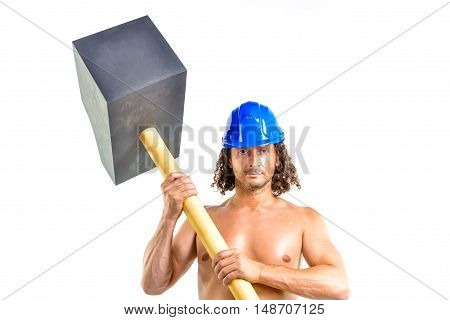 Torso of a shirtless guy holding a sledgehammer