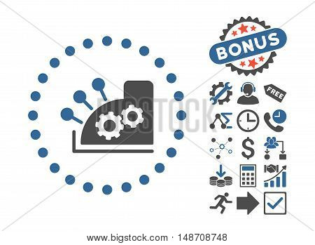 Cash Register pictograph with bonus clip art. Vector illustration style is flat iconic bicolor symbols, cobalt and gray colors, white background.