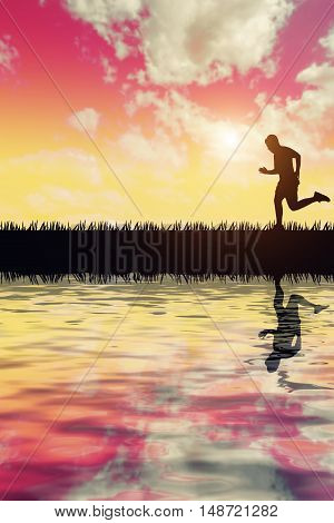 silhouette of jogger in sunset and reflection