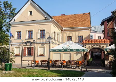 Minsk, Belarus - September 12, 2016: Empty small open-air cafe in Trinity Suburb, old part of Minsk