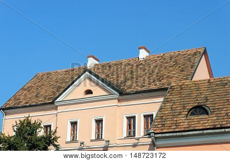 Old tiled roofs of houses in Trinity Suburb old part of Minsk Belarus