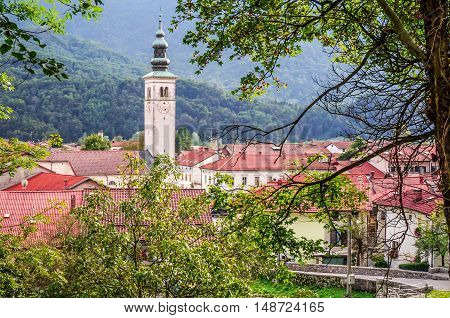 View of Church in Kobarid (Caporetto) in Slovenia