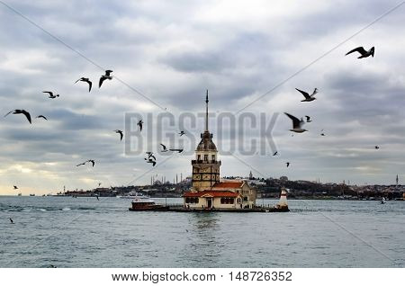 European part of Istanbul in the background against the shore. Left Blue Mosque medium Hagia Sophia Topkapi palace dome seem right. The Maiden's Tower (Turkish: Kiz Kulesi) also known as Leander's Tower since the medieval Byzantine period is a tower lying