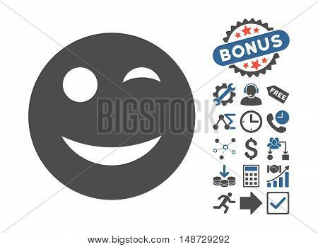 Wink icon with bonus design elements. Vector illustration style is flat iconic bicolor symbols, cobalt and gray colors, white background.