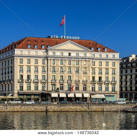 Geneva, Switzerland, - 24 September, 2016: Four Seasons Hotel Les Bergues building facade. Hotel Les Bergues has been a landmark on Lake Geneva since 1834.