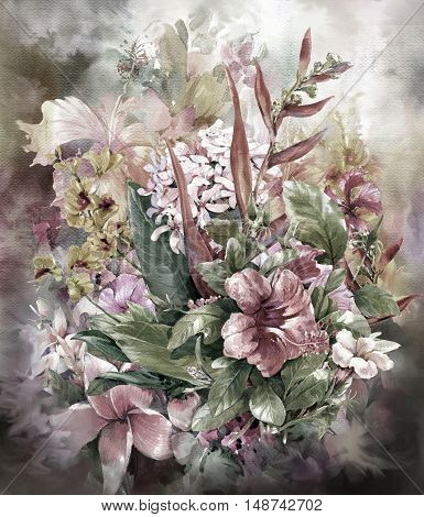 Bouquet of multicolored flowers watercolor painting style